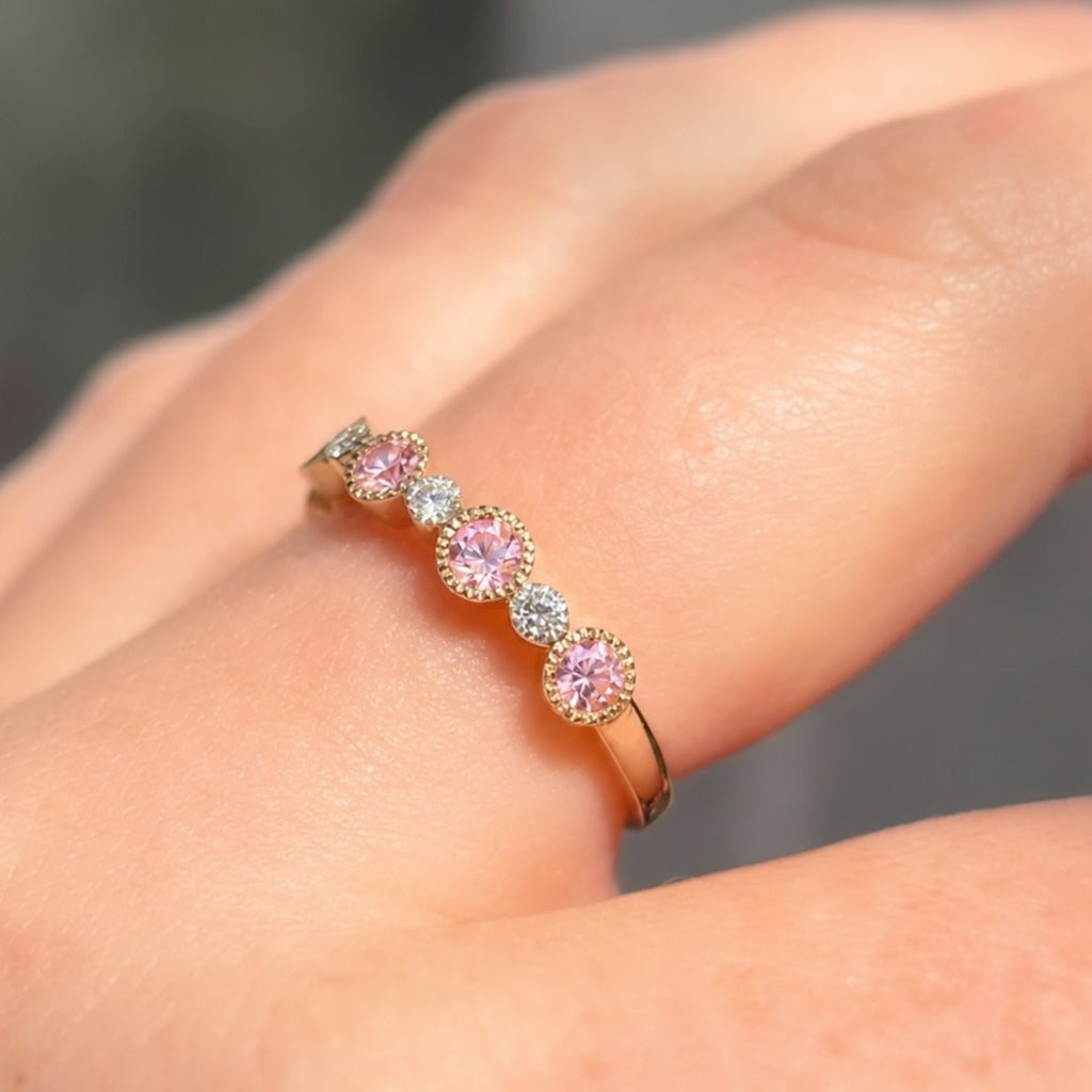 Pink Sapphire and Diamond 9ct Yellow Gold Half Eternity Ring | Size N