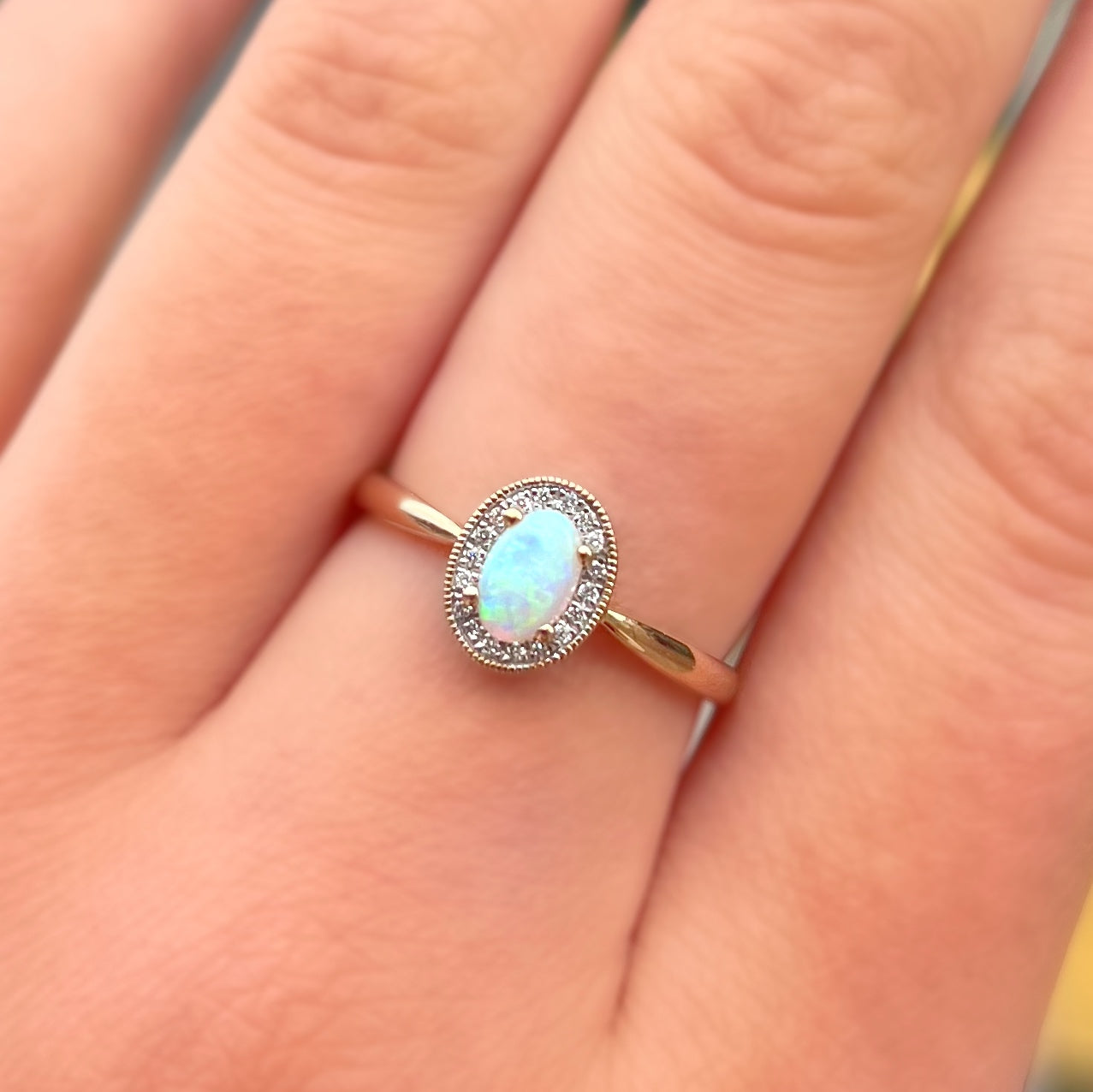 Sweet Feminine 9ct Yellow Gold Oval Opal and Diamond Halo Ring - Size O