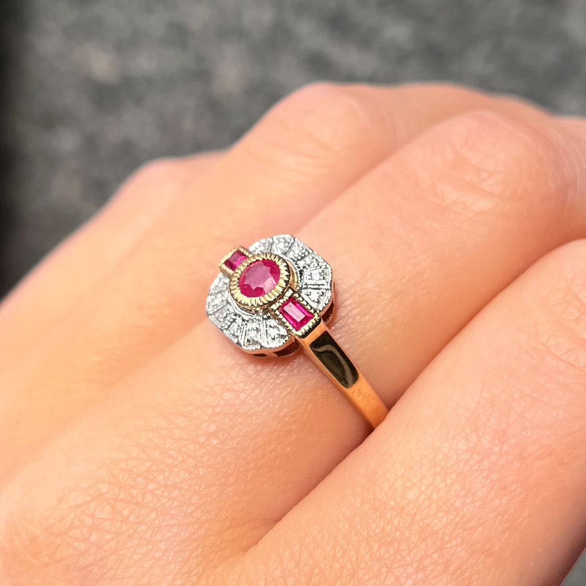 Ruby and Diamond Art Deco Reproduction 9ct Yellow Gold Ring | Size N