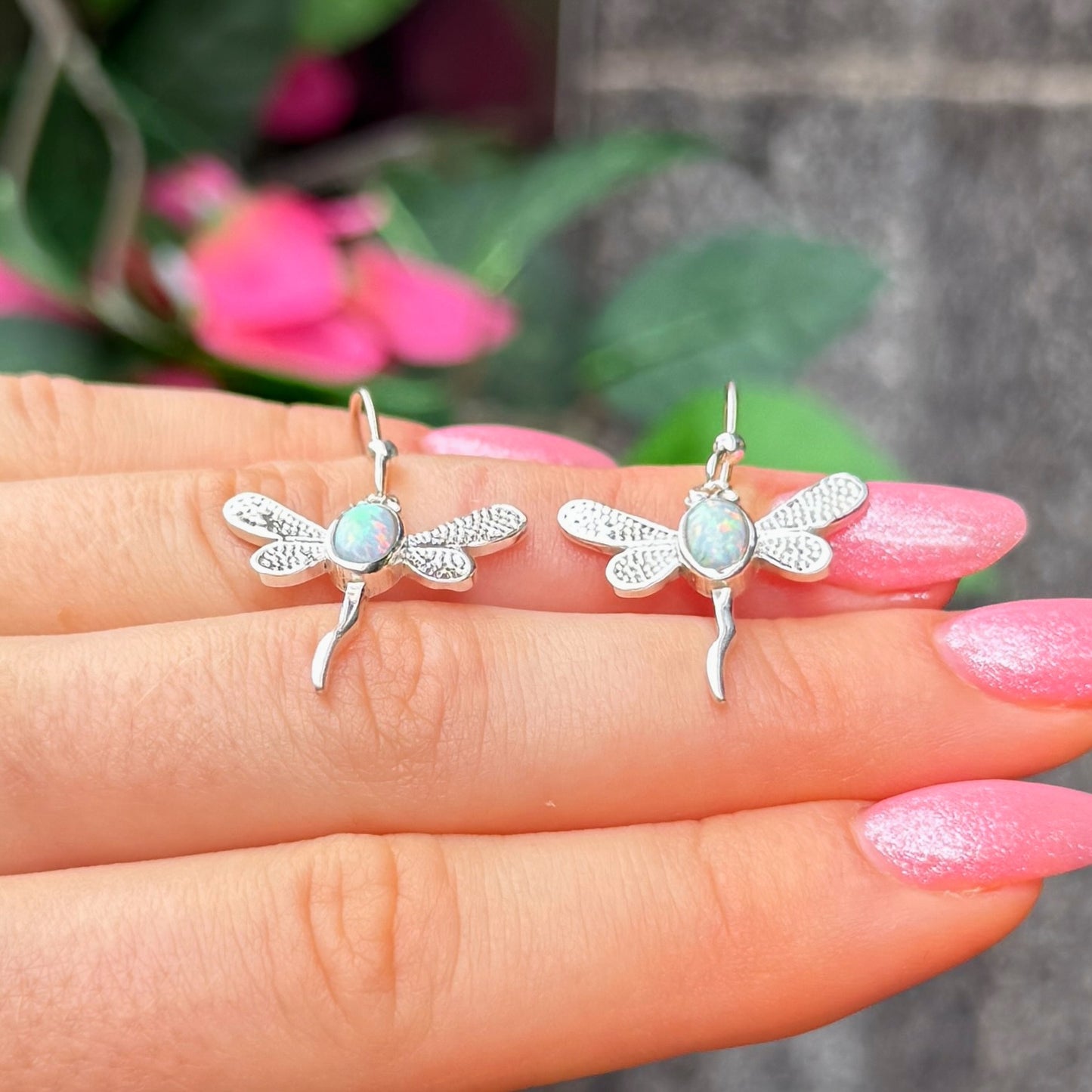 White Opal Sterling Silver Butterfly Drop Earrings