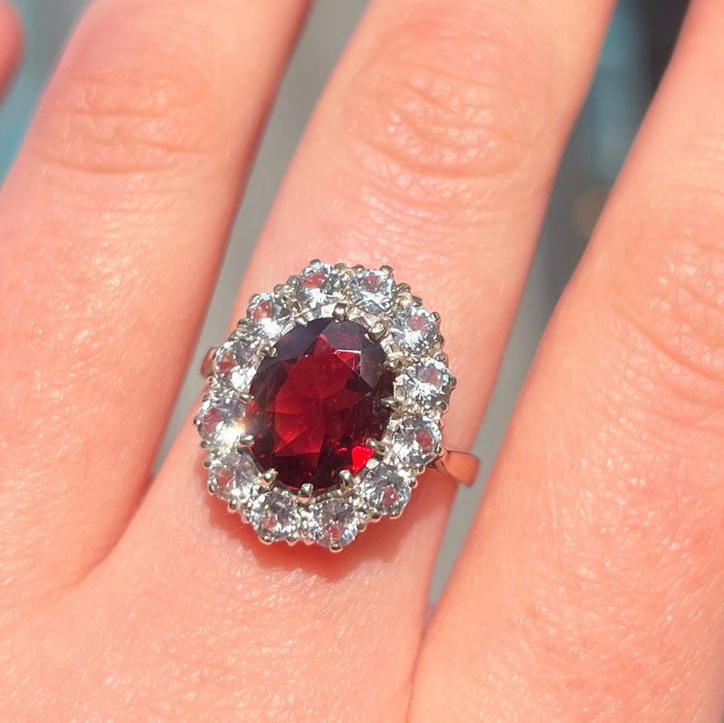 Vintage 9ct Yellow Gold Garnet and Cubic Zirconia Cocktail Ring - Size R ½