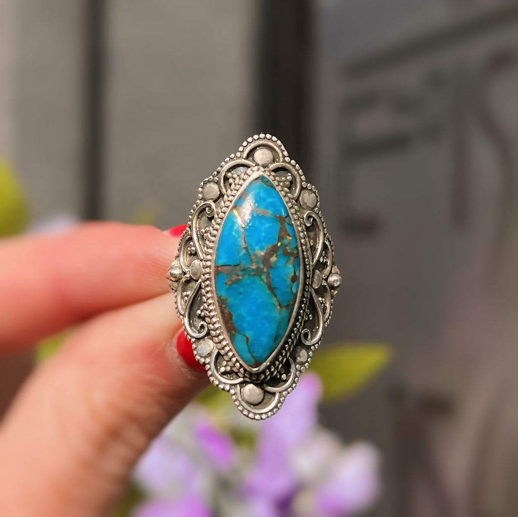 Marquise Turquoise Sterling Silver Bohemian Inspired Ring | Size N ½
