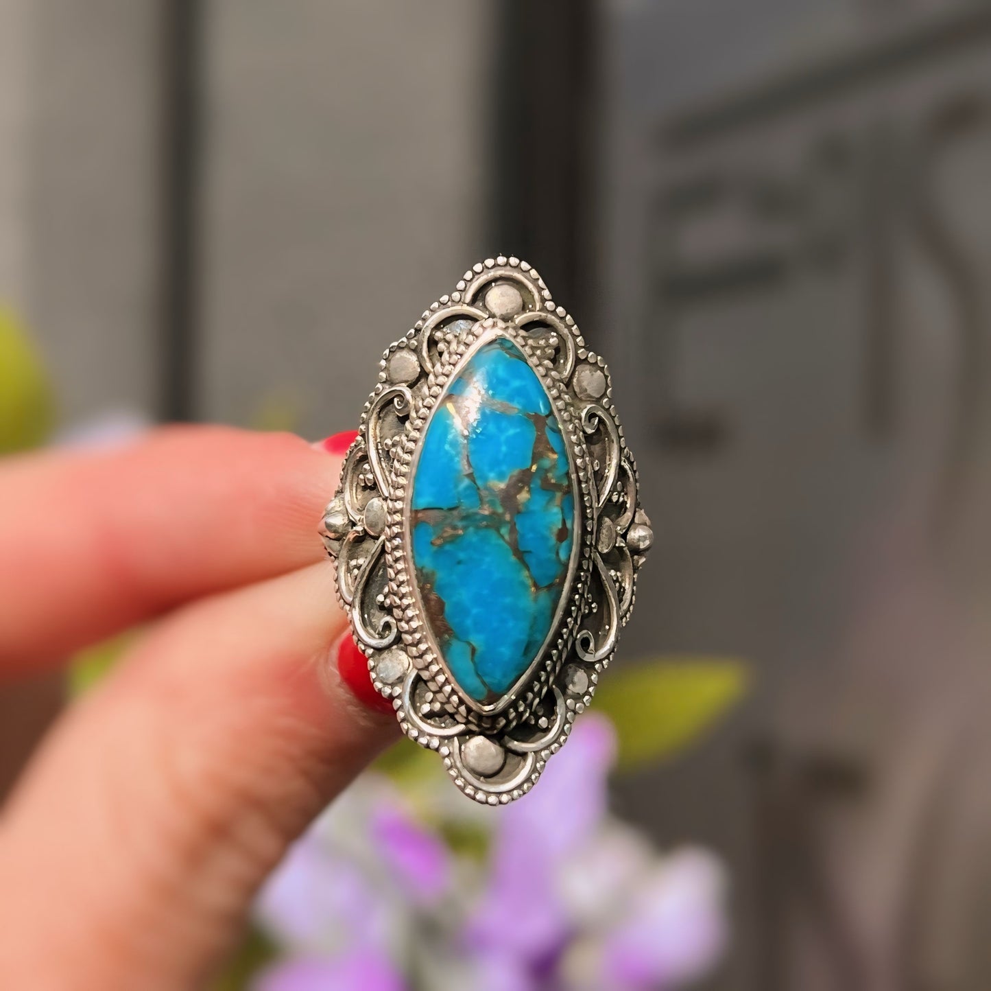 Statement Bohemian Inspired Sterling Silver Marquise Turquoise Ring - Size N 1/2