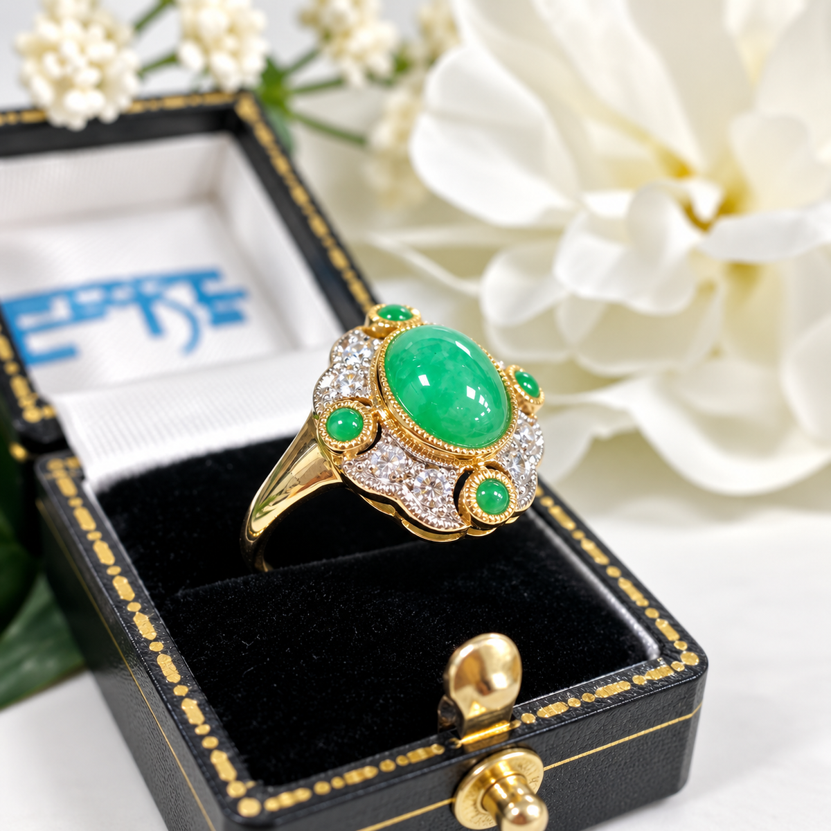 Jade and Diamond Art Deco Reproduction 9ct Yellow Gold Ring
