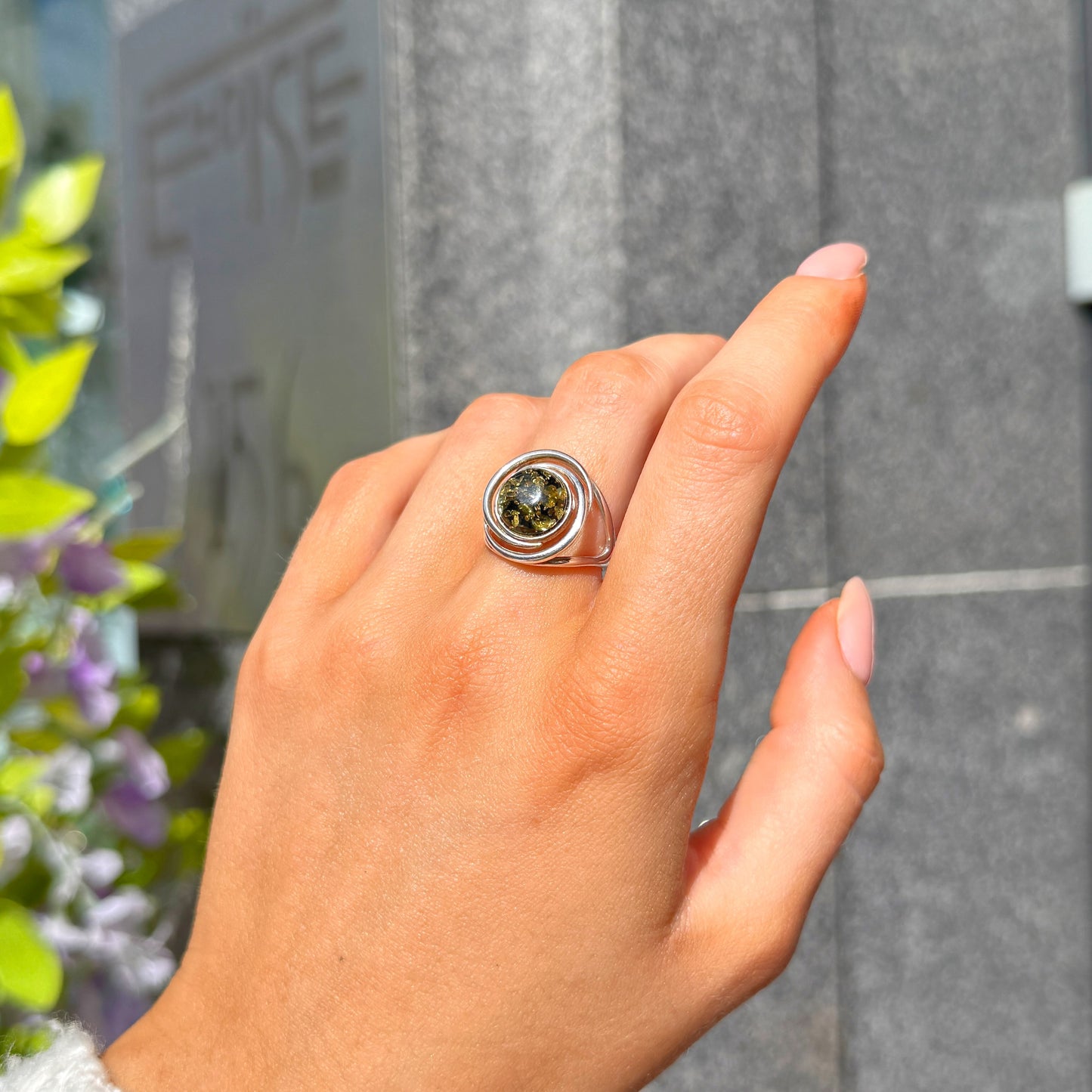 Green Amber Sterling Silver Round Spiral Ring - Size M