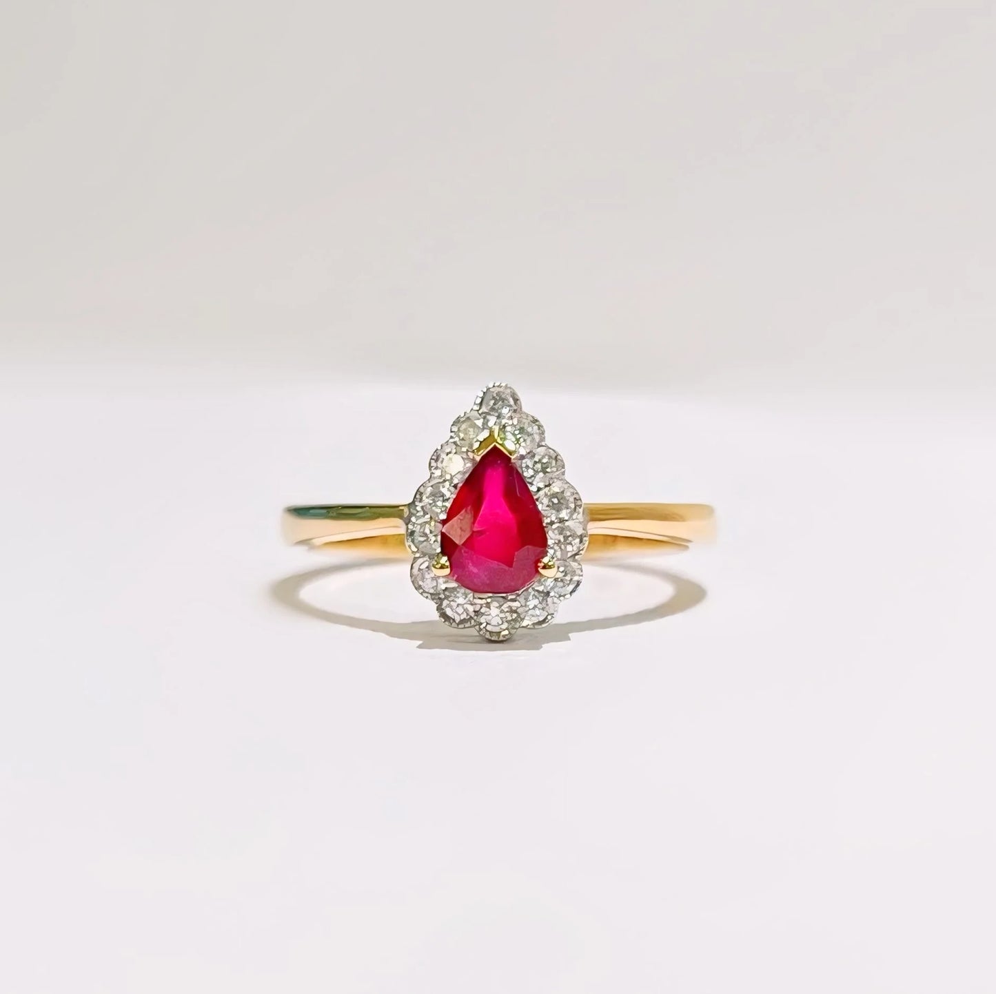 Dainty 18ct Yellow Gold Pear Shaped Red Ruby and Diamond Engagement Ring - Size M