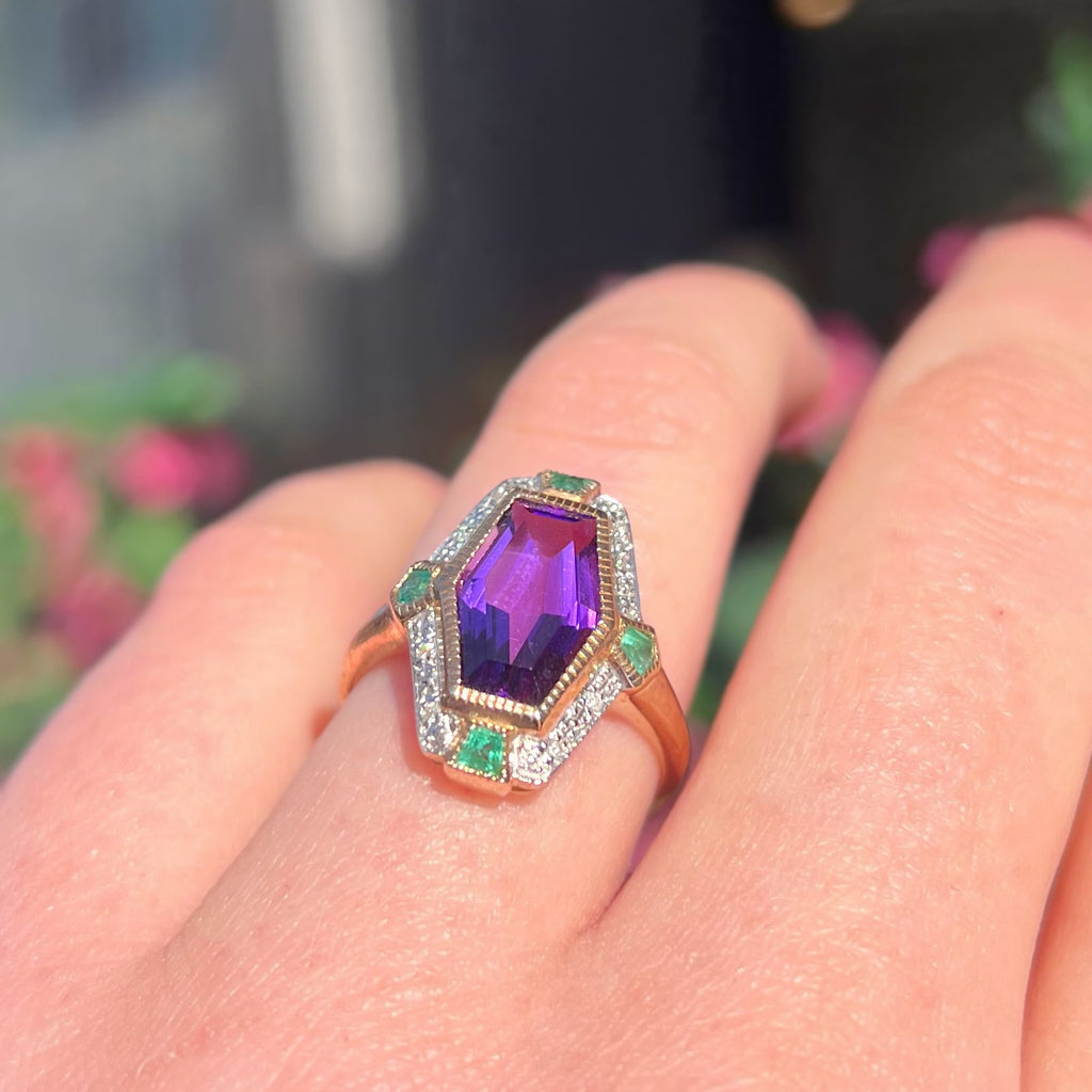 Art Deco Reproduction Amethyst Emerald and Diamond 9ct Yellow Gold Ring | Size N