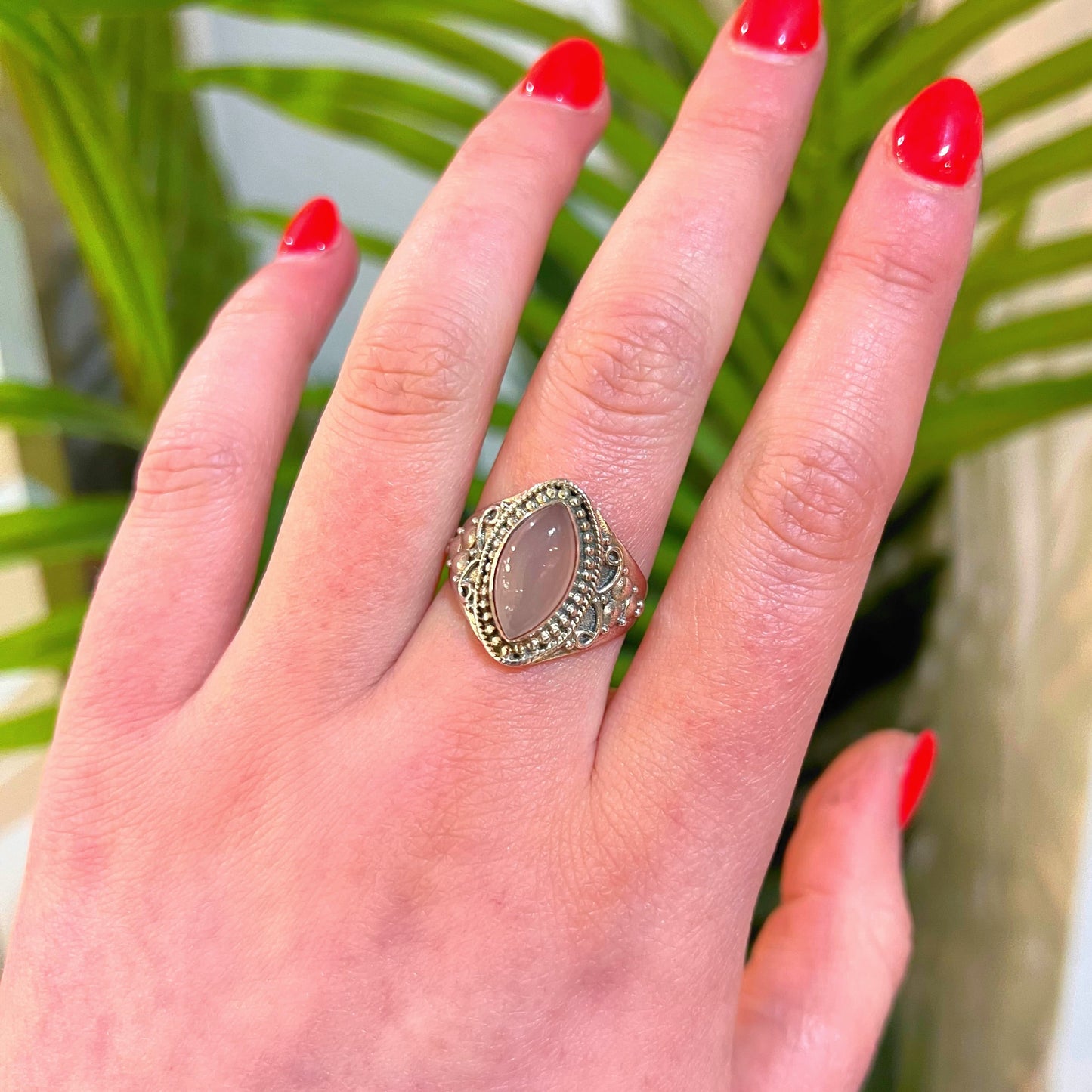 Pink Rose Quartz Sterling Silver Boho Ring - Size T