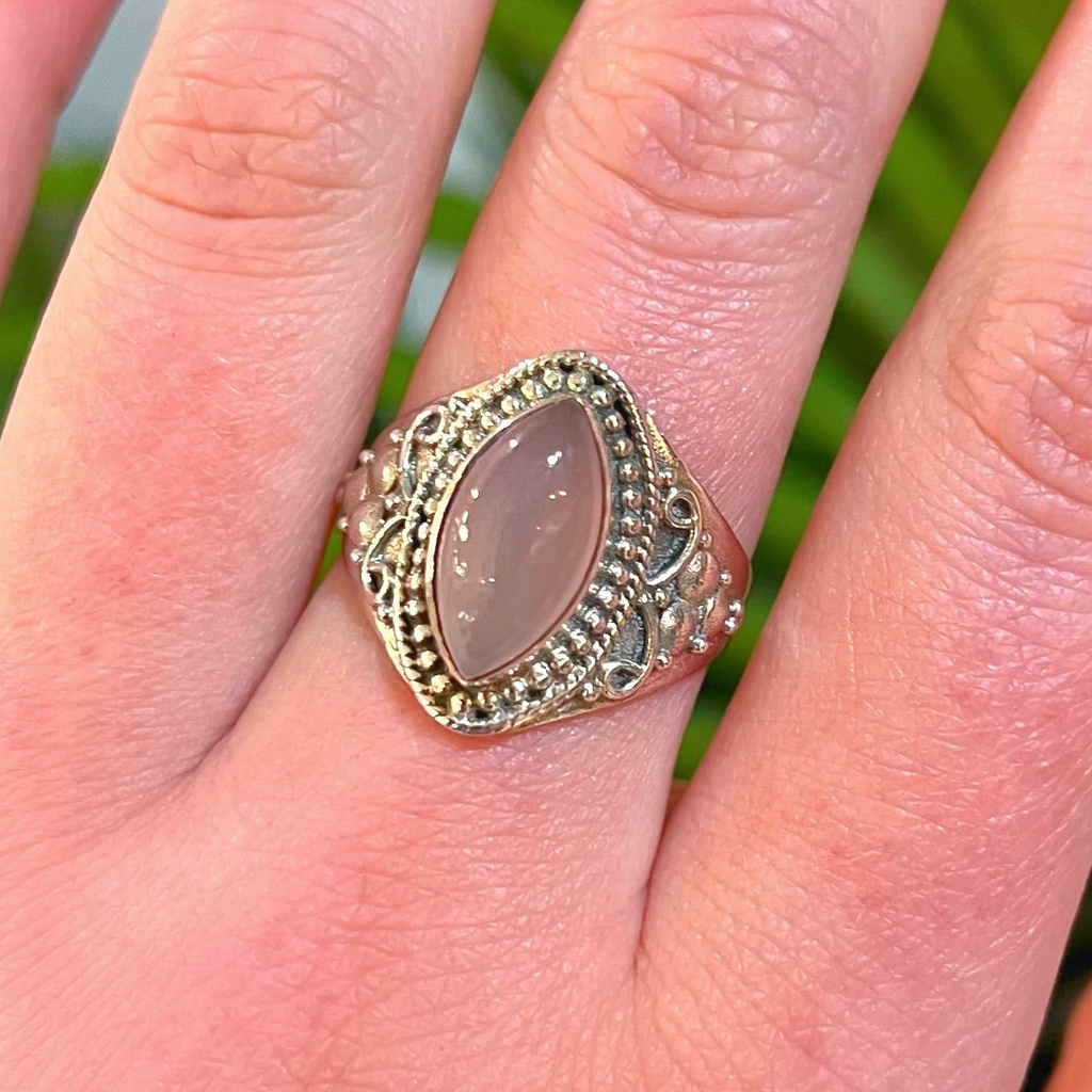 Rose Quartz Sterling Silver Boho-Inspired Ring | Size T