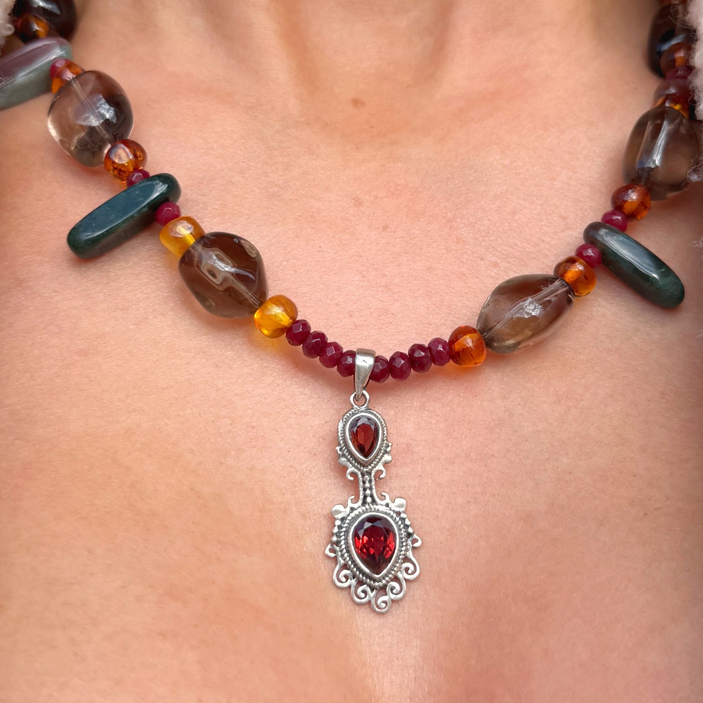 Amber, Carnelian, Garnet, Agate, & Smoky Quartz Sterling Silver Beaded Necklace