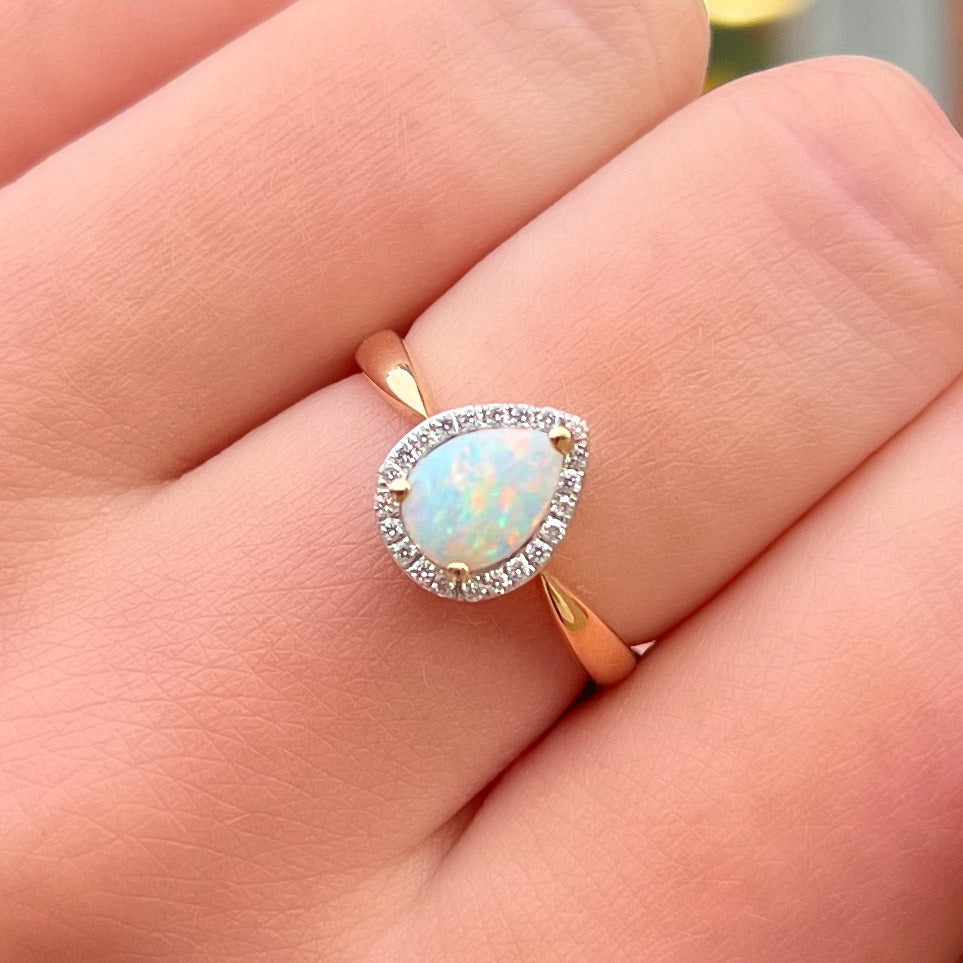 Elegant 9ct Yellow Gold Opal and Diamond Pear Shaped Halo Ring - Size N 1/2