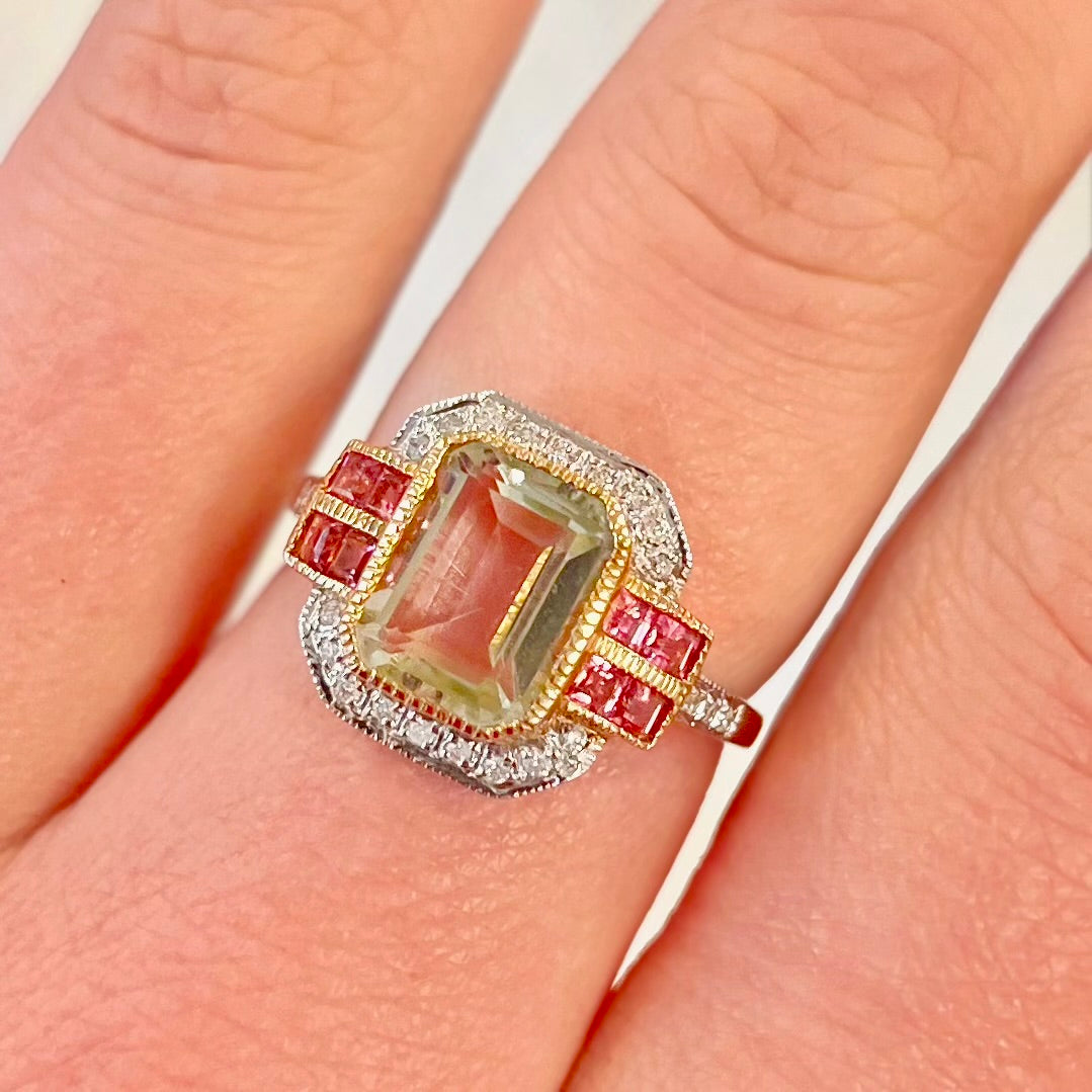 Art Deco Inspired 9ct Yellow Gold Green Amethyst and Pink Tourmaline Ring - Size O ½