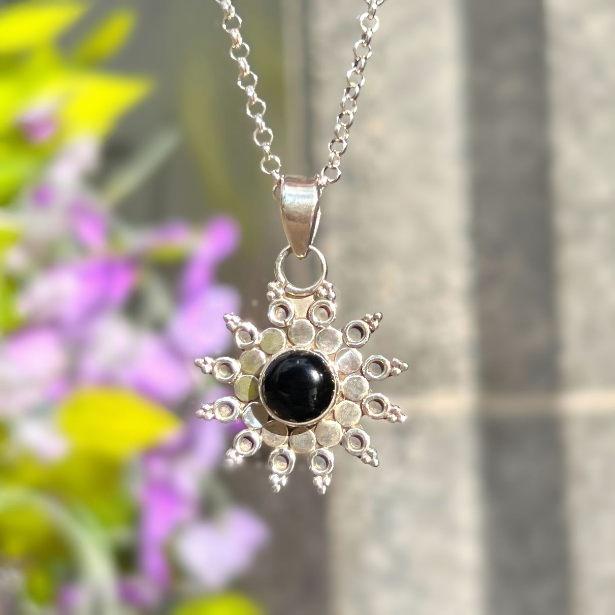 Sterling Silver Black Onyx Mandala Sun Necklace