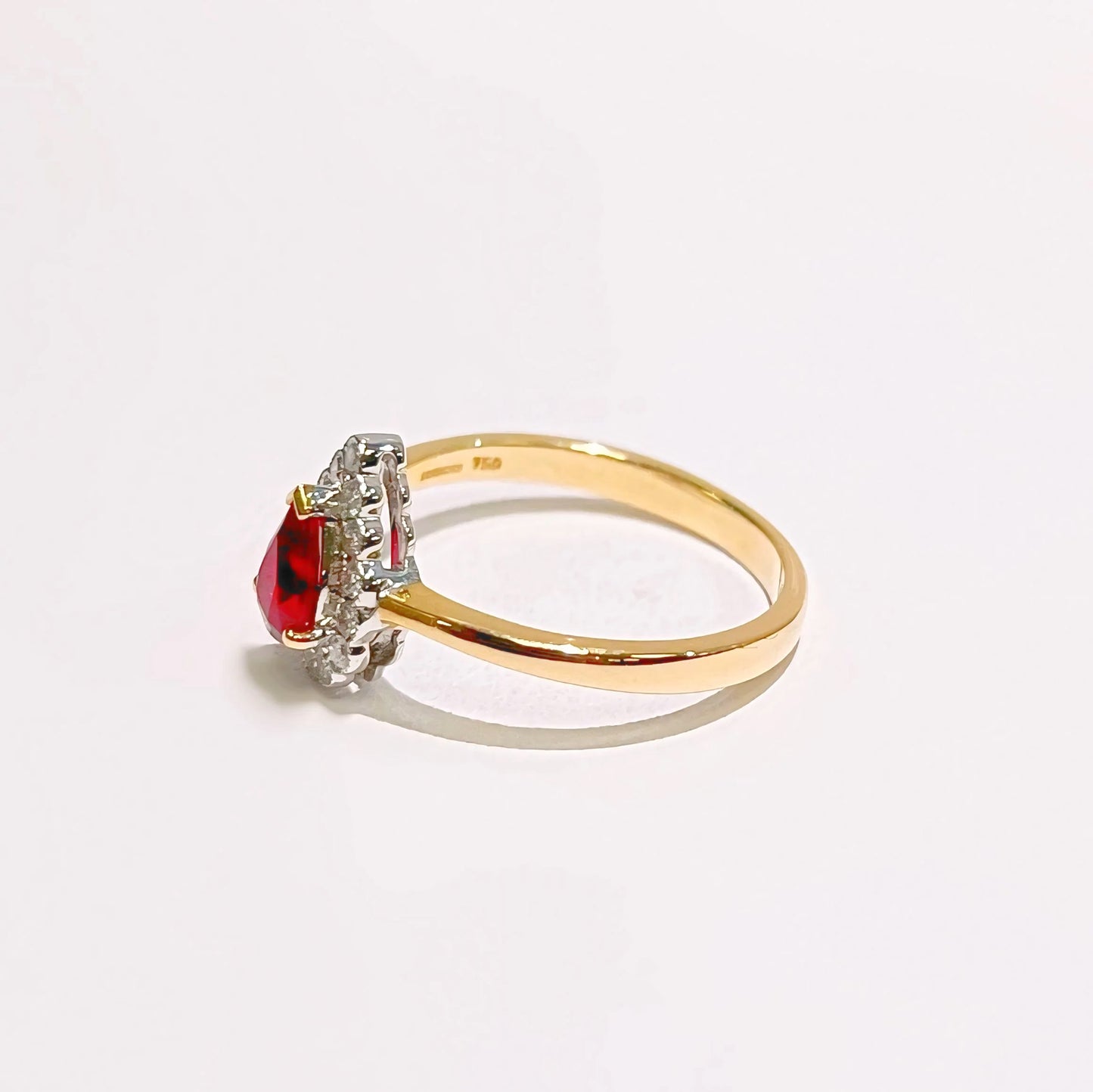 Dainty 18ct Yellow Gold Pear Shaped Red Ruby and Diamond Engagement Ring - Size M