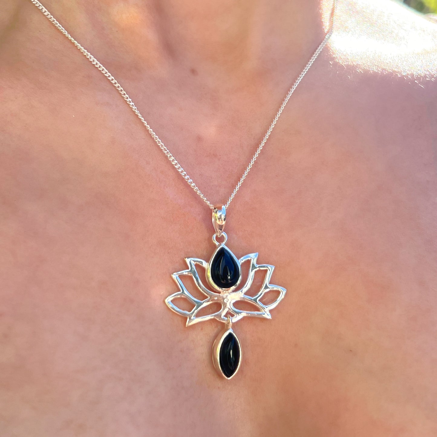 Sterling Silver Black Onyx Lotus Flower Necklace