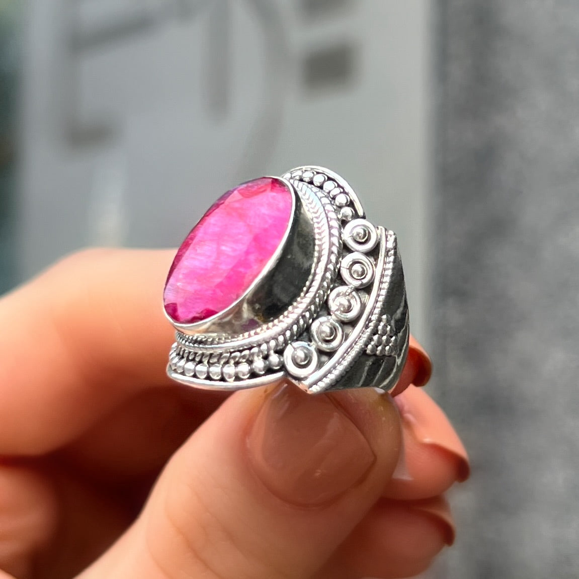 Bohemian Detailed Chunky Sterling Silver Ruby Ring - Size L