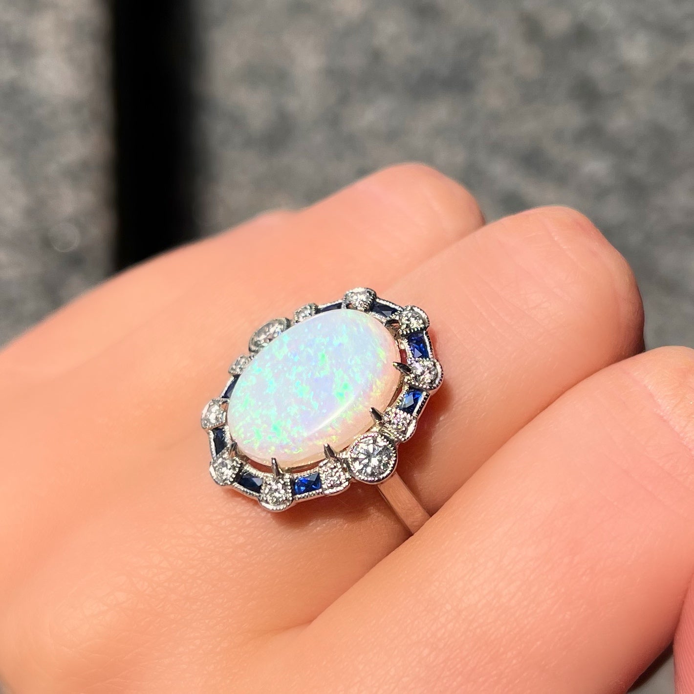 Platinum Opal, Sapphire and Diamond Art Deco Reproduction Ring - Size N ½