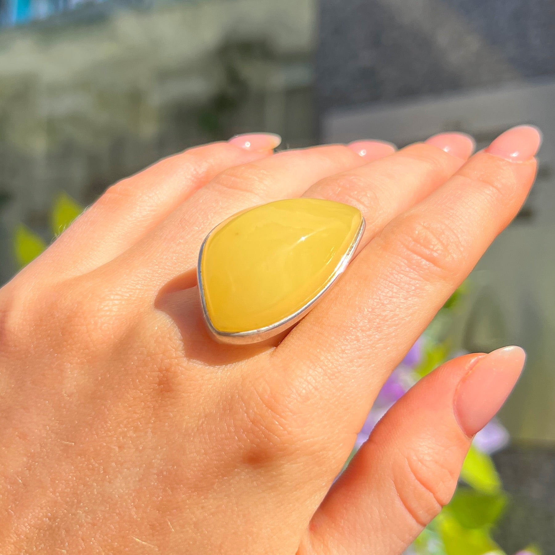 Yellow Butterscotch Amber Sterling Silver Chunky Ring | Size T