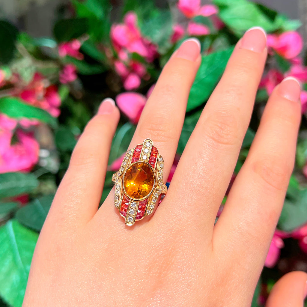 'The Soleil' Citrine, Orange Sapphire and Diamond 18ct Yellow Gold Cocktail Ring | Size M ½
