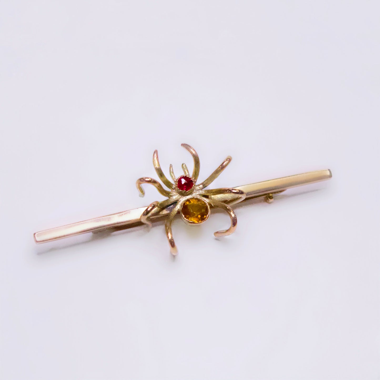 Antique 9ct Gold Citrine and Ruby Spider Bar Brooch