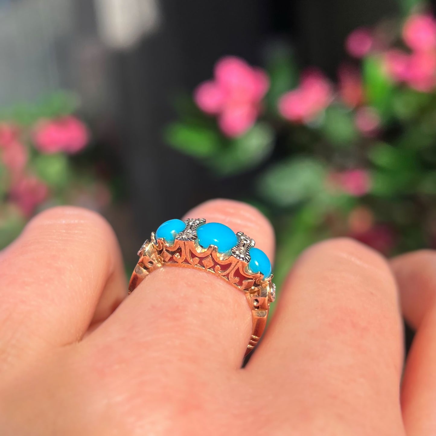Edwardian Reproduction 9ct Yellow Gold Turquoise and Diamond Ring - Size M ½