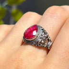 Pear Cut Ruby Sterling Silver Boho Chunky Ring | Size O