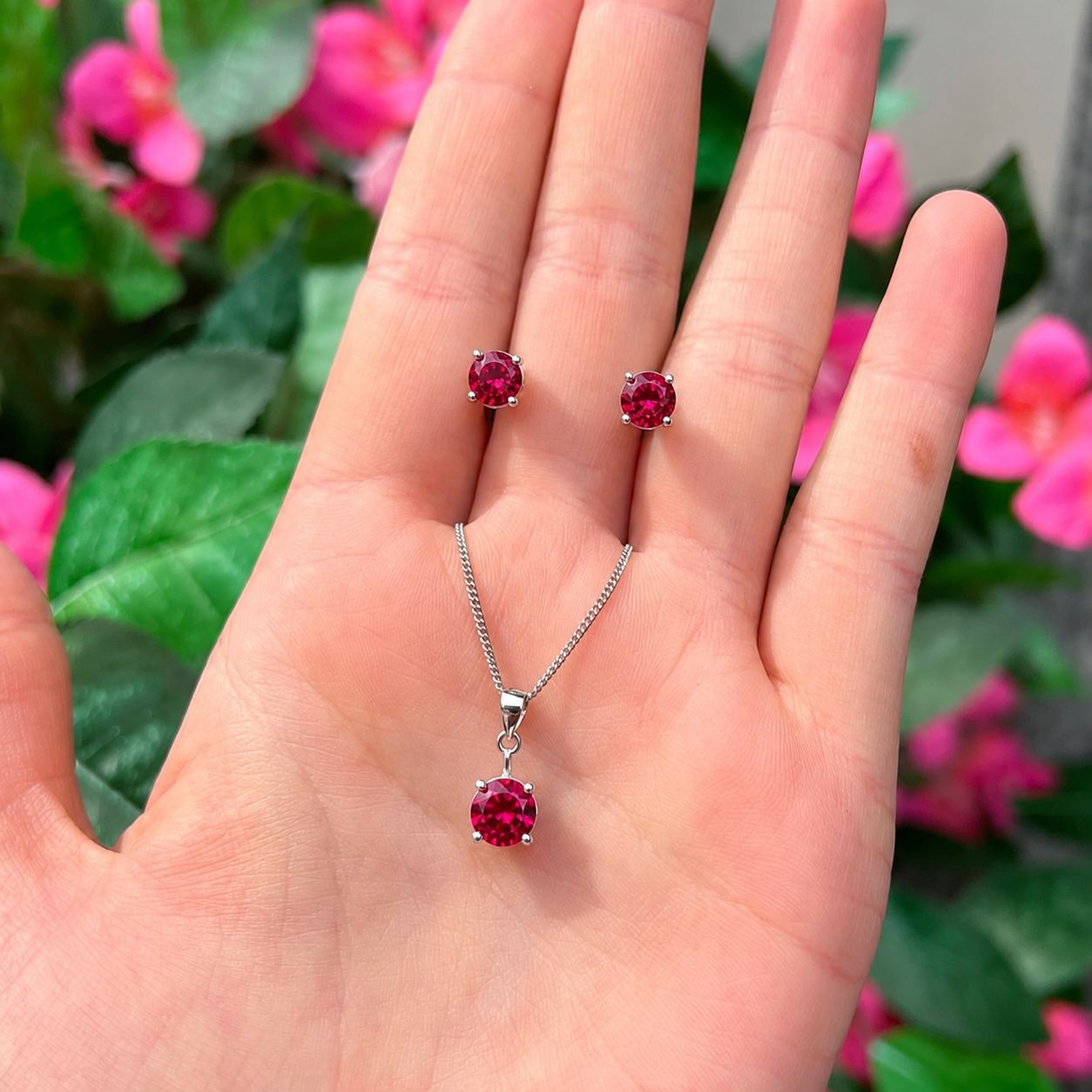 Round-Cut Lab-Grown Ruby Sterling Silver Matching Necklace and Earring Set