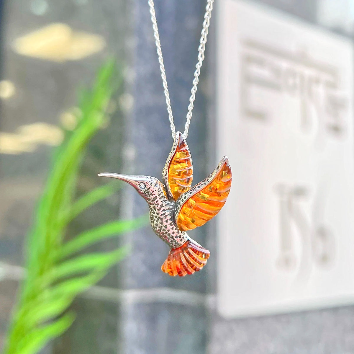 Amber Sterling Silver Bird Necklace