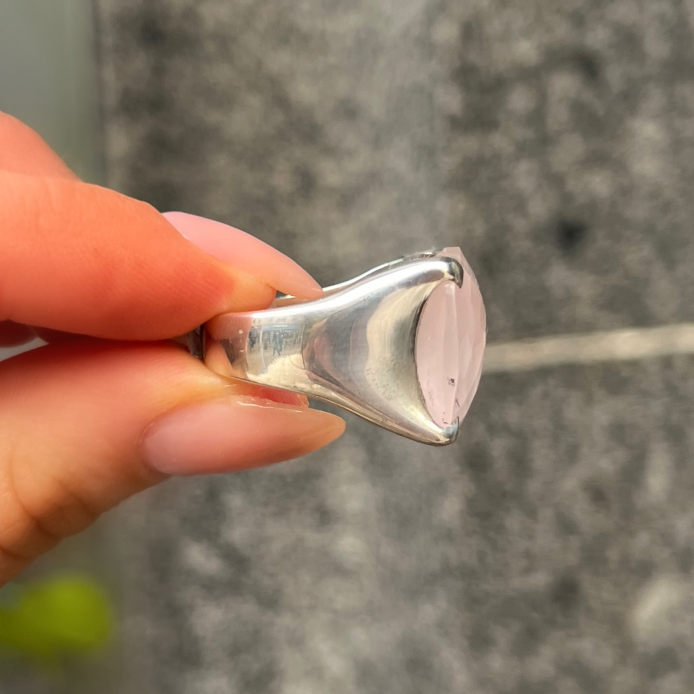 Checkerboard Cut Cabochon Rose Quartz Sterling Silver Chunky Ring | Size H