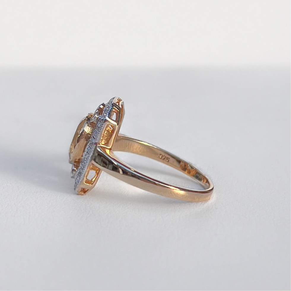 Art Deco Inspired Green Amethyst and Diamond 9ct Yellow Gold Ring | Size M