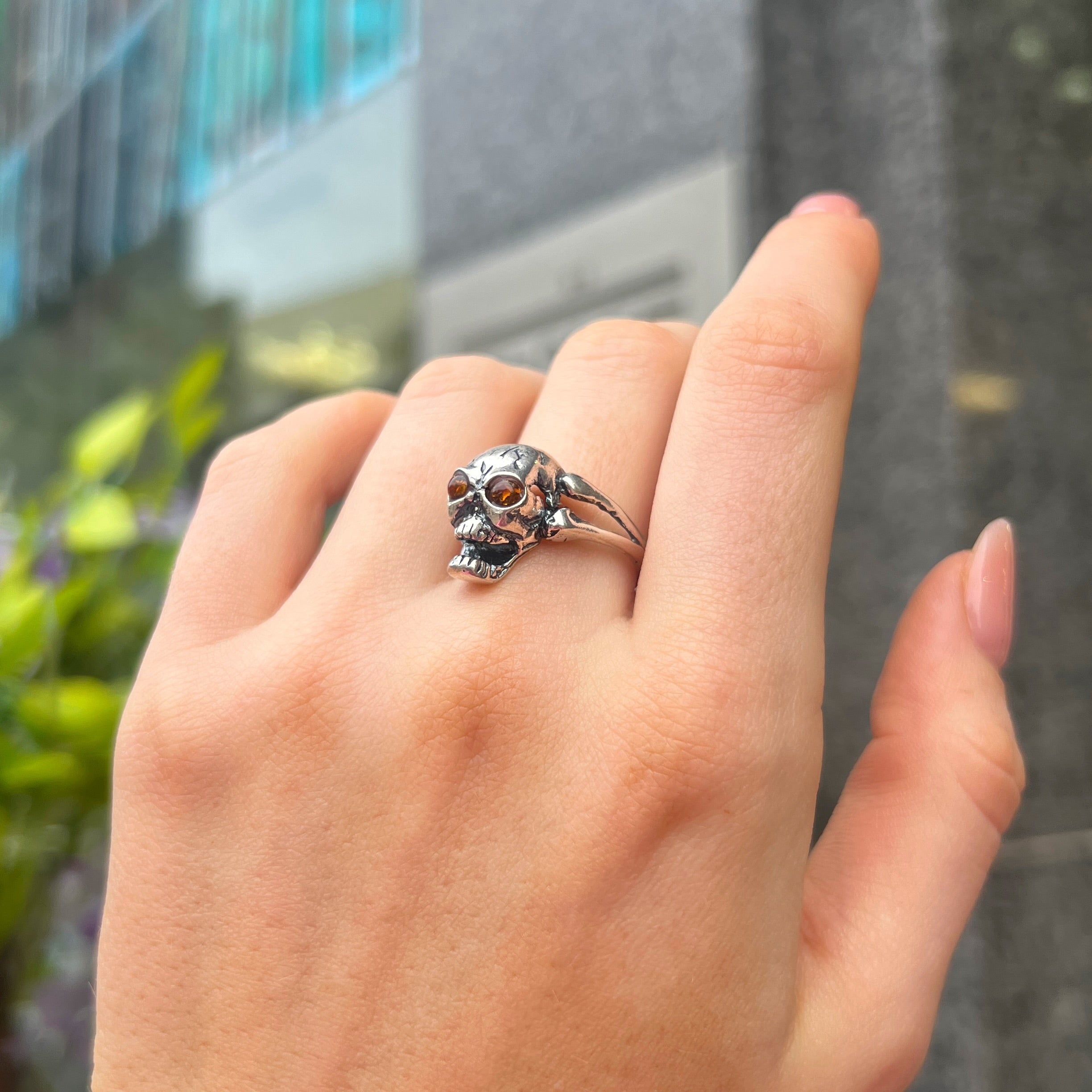 Orange Amber Sterling Silver 3D Skull Design Ring - Size Q