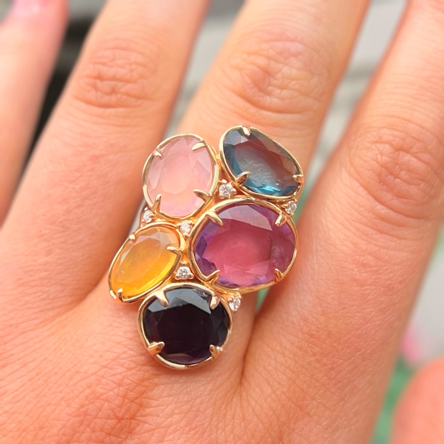 Rose Quartz, Iolite, Amethyst, Topaz, Opal and Diamond 14ct Rose Gold Chunky Ring | Peroni & Parise