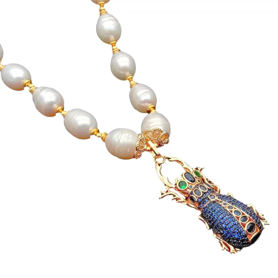Pre-Order | Blue Pave Scarab Beetle Pearl 18ct Gold Plated Necklace