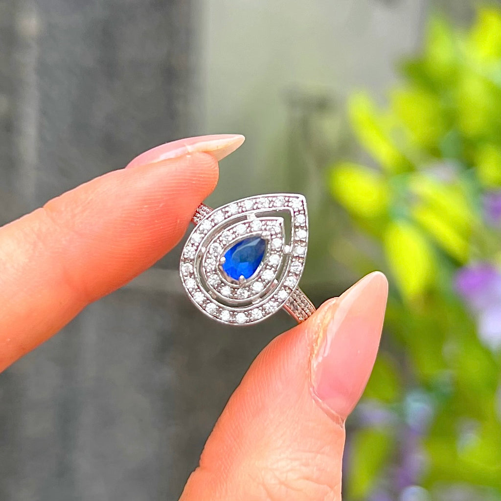 Blue Cubic Zirconia Sterling Silver Pear Shape Double Halo Ring | Size N