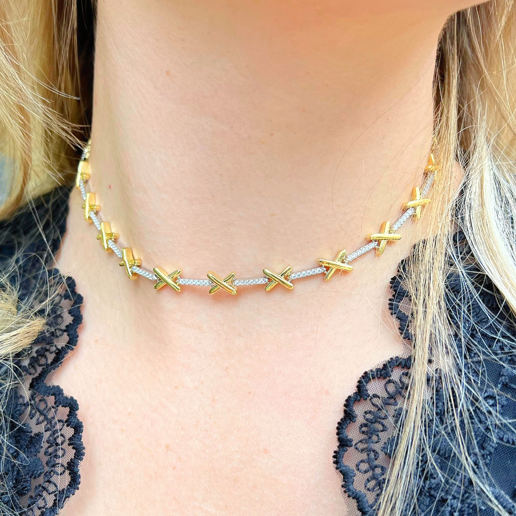 Cubic Zirconia Sterling Silver and Gold Plated Kisses Necklace