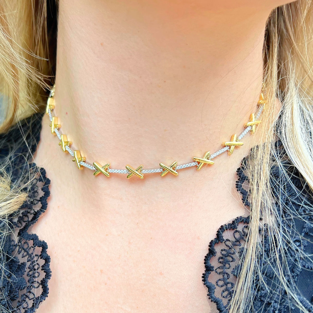 Cubic Zirconia Sterling Silver and Gold Plated Kisses Necklace
