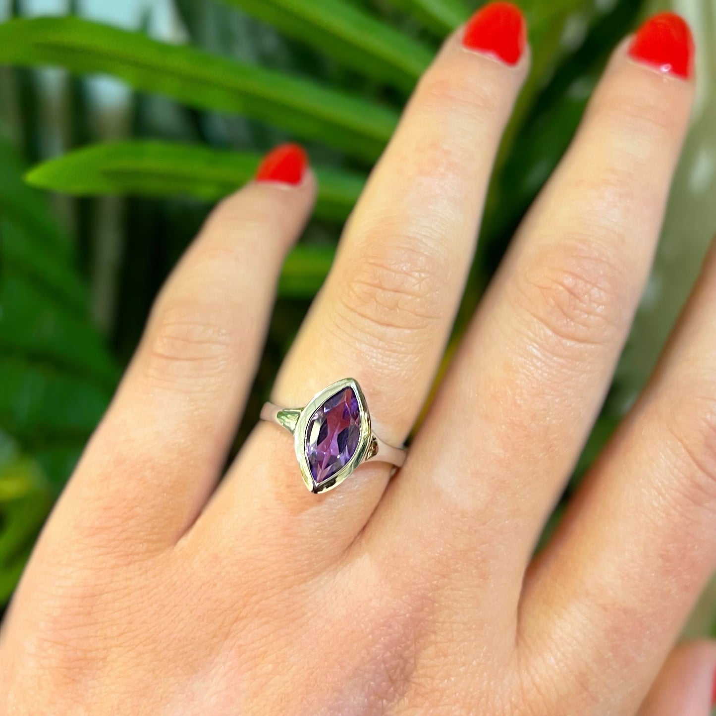 Sterling Silver Marquise Amethyst Ring - Size L ½