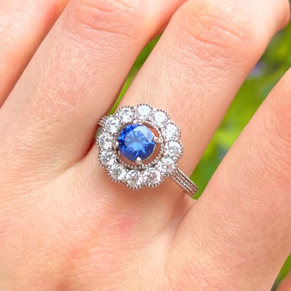 Blue Cubic Zirconia Sterling Silver Halo Ring | Size O ½