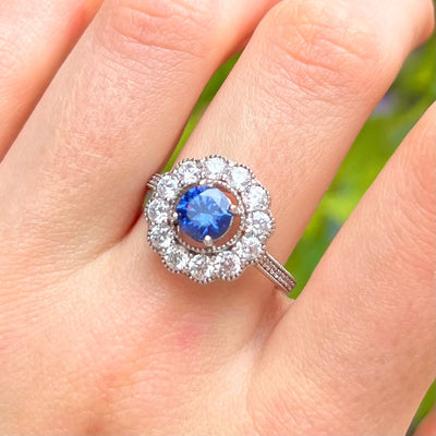 Blue Cubic Zirconia Sterling Silver Halo Ring | Size O ½