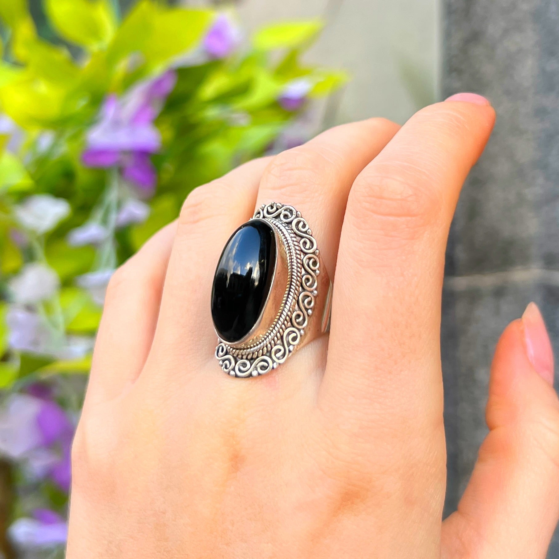 Onyx Sterling Silver Bohemian Ring | Size O