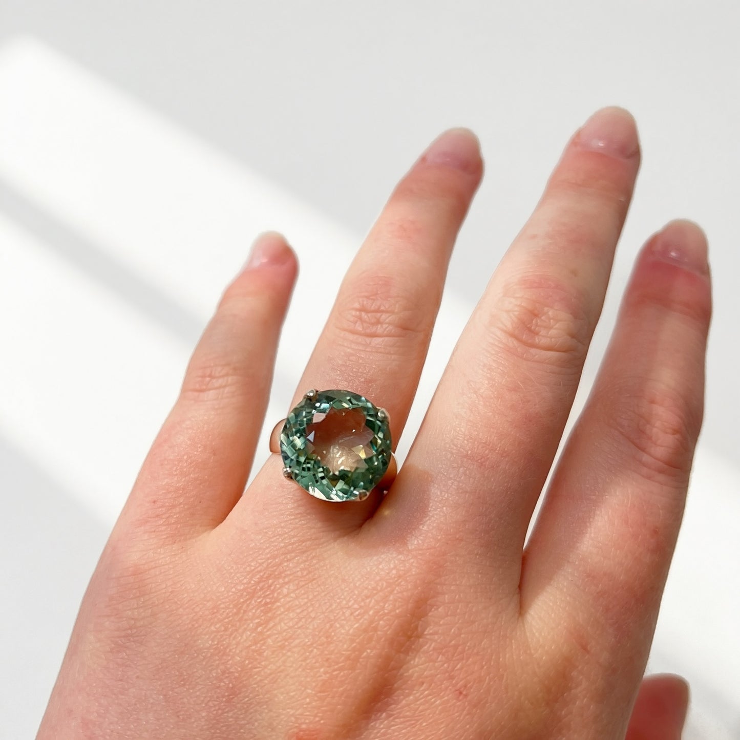 Sterling Silver Round-Cut Green Amethyst Cocktail Ring - Size M ½