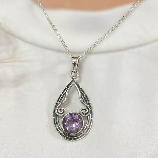 Sterling Silver Oxidised Detailed Amethyst Necklace
