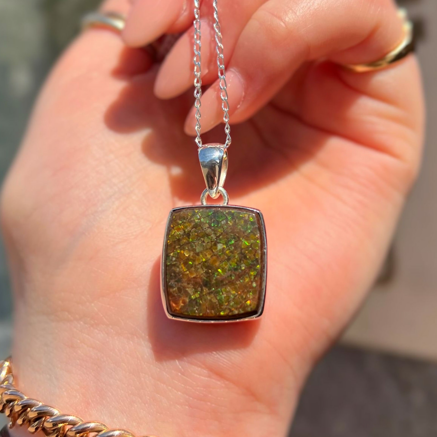 RARE Sterling Silver Fossilied Ammolite Square Shaped Necklace