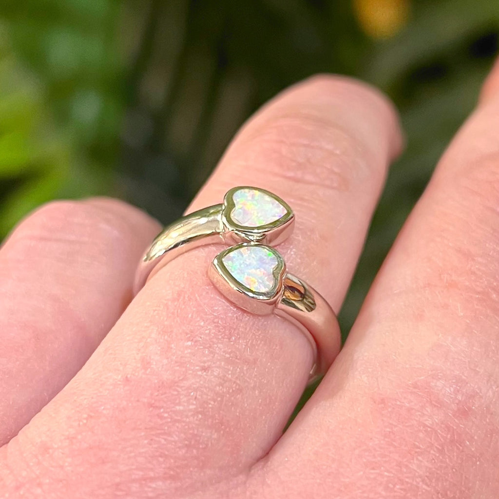 Two Hearts White Opal Sterling Silver Ring | Adjustable Size