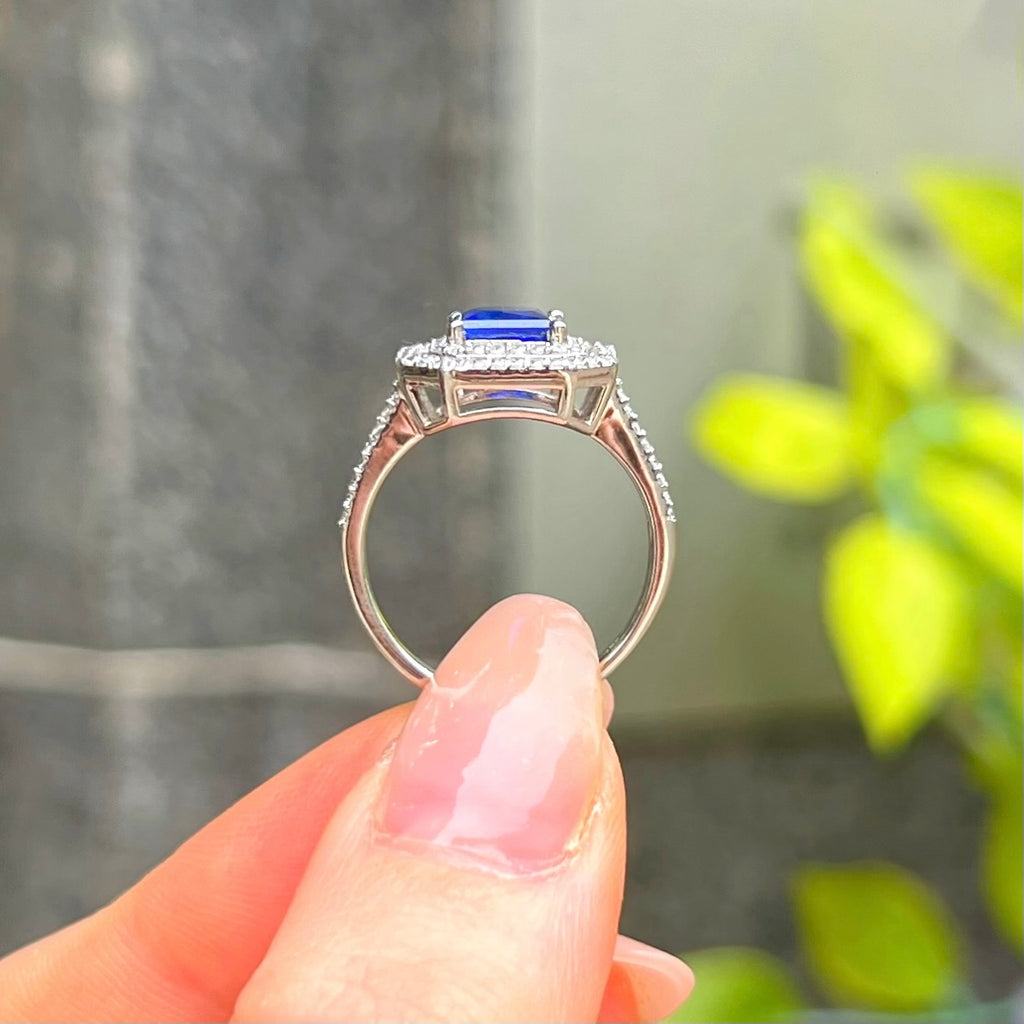 Blue Cubic Zirconia Sterling Silver Square Halo Ring | Size M