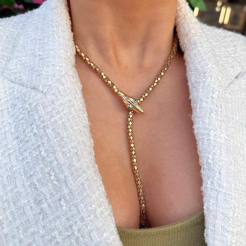 Italian Vintage Colombian Emerald 14ct Yellow Gold L'ariette Snake Necklace