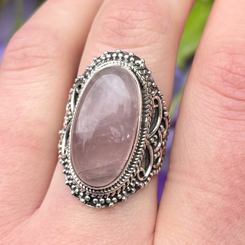 Sterling Silver Rose Quartz Chunky Boho Ring - Size N