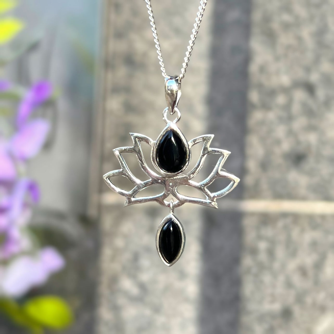 Sterling Silver Black Onyx Lotus Flower Necklace