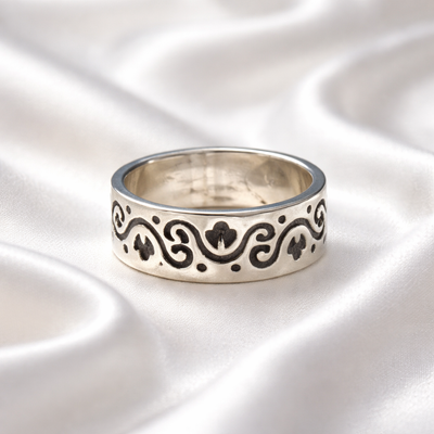 Sterling Silver Oxidised Patterned Band Chunky Ring | Size O ½