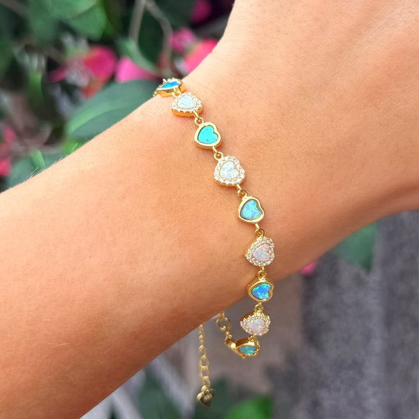 Blue & White Opal 9ct Yellow Gold Plated Cubic Zirconia Love Heart’s Bracelet
